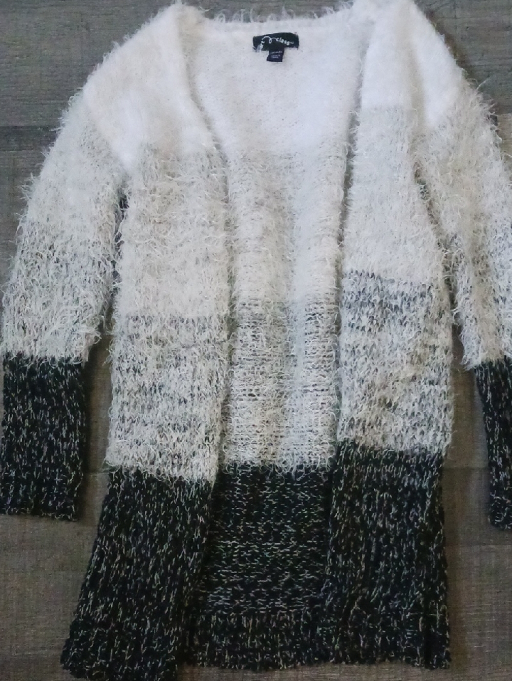 art class Two-Tone Fuzzy Open Front Cardigan in White and Black